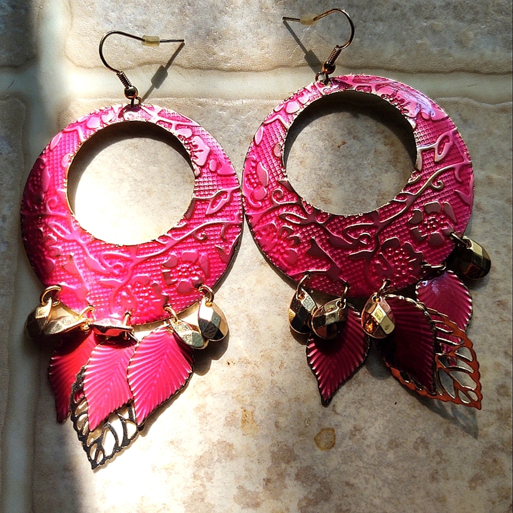 Rose pink and gold enamel statement earrings